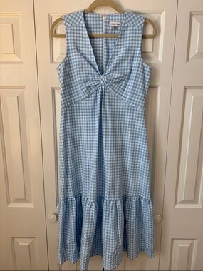 Calvin Klein Light Blue and White Gingham Twist-Front Midi Dress